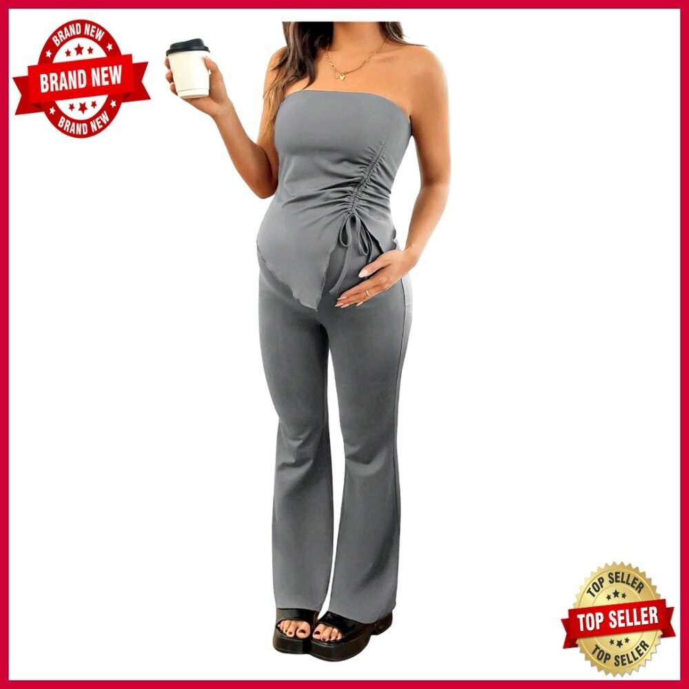 Maternity Two-Piece Set with Ruched Tube Top and Flared Pants - Picture 1 of 6